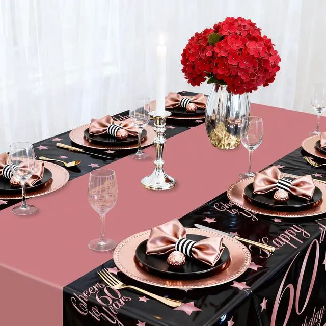 Alt view image 5 of 7 - 4 Pack 60th Birthday Tablecloths Plastic Disposable Rose and Gold Rectangle Table Cover for Men Woman 60 Birthday Party Decorations, 51x87''