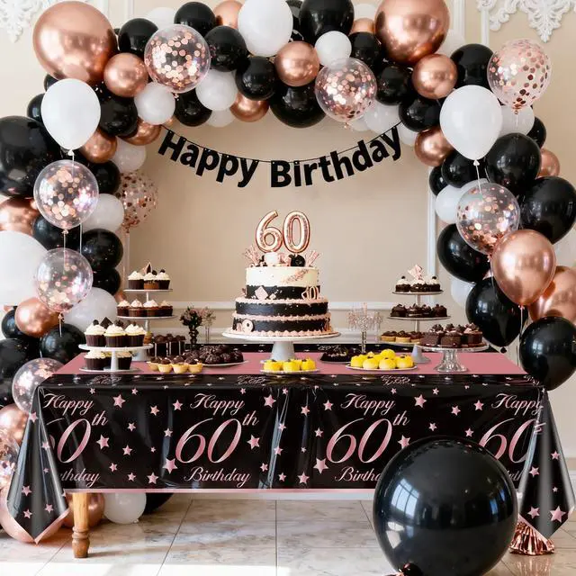 Alt view image 6 of 7 - 4 Pack 60th Birthday Tablecloths Plastic Disposable Rose and Gold Rectangle Table Cover for Men Woman 60 Birthday Party Decorations, 51x87''