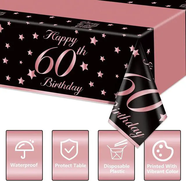 Alt view image 7 of 7 - 4 Pack 60th Birthday Tablecloths Plastic Disposable Rose and Gold Rectangle Table Cover for Men Woman 60 Birthday Party Decorations, 51x87''
