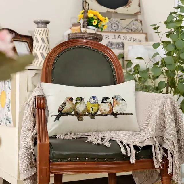 Alt view image 2 of 7 - RABUSOFA Watercolor Birds Pillows Decorative Throw Pillows 12x20,Hand-Painted Oil Painting Rustic Birds Lumbar Pillow Cases,Cute Colorful Spring Summer Decorations for Home Couch Sofa Outdoor