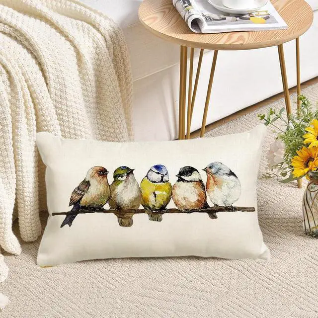 Alt view image 3 of 7 - RABUSOFA Watercolor Birds Pillows Decorative Throw Pillows 12x20,Hand-Painted Oil Painting Rustic Birds Lumbar Pillow Cases,Cute Colorful Spring Summer Decorations for Home Couch Sofa Outdoor