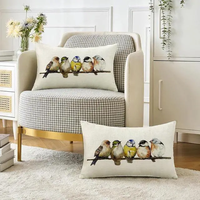 Alt view image 4 of 7 - RABUSOFA Watercolor Birds Pillows Decorative Throw Pillows 12x20,Hand-Painted Oil Painting Rustic Birds Lumbar Pillow Cases,Cute Colorful Spring Summer Decorations for Home Couch Sofa Outdoor