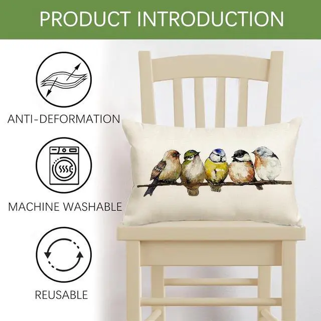 Alt view image 6 of 7 - RABUSOFA Watercolor Birds Pillows Decorative Throw Pillows 12x20,Hand-Painted Oil Painting Rustic Birds Lumbar Pillow Cases,Cute Colorful Spring Summer Decorations for Home Couch Sofa Outdoor