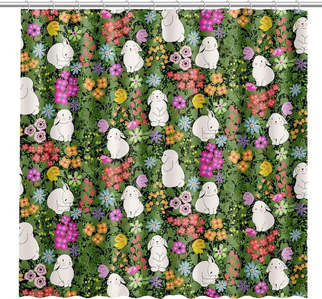 Main image of Kids Shower Curtain for Bathroom with Fun Floral Butterflies Cute Bunnies Spring Flowers on Dark Green Fabric | Fun Floral Bunny Design for Kids | Waterproof Washable Fabric Shower Curtain or Liner