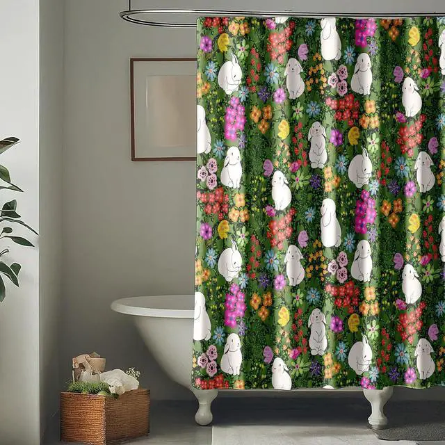 Alt view image 2 of 7 - Kids Shower Curtain for Bathroom with Fun Floral Butterflies Cute Bunnies Spring Flowers on Dark Green Fabric | Fun Floral Bunny Design for Kids | Waterproof Washable Fabric Shower Curtain or Liner