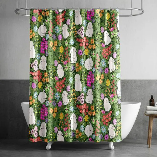 Alt view image 3 of 7 - Kids Shower Curtain for Bathroom with Fun Floral Butterflies Cute Bunnies Spring Flowers on Dark Green Fabric | Fun Floral Bunny Design for Kids | Waterproof Washable Fabric Shower Curtain or Liner