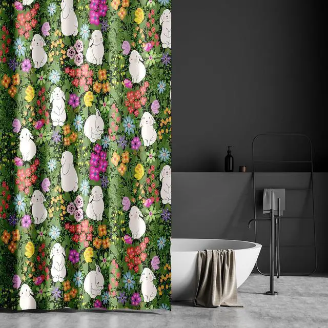 Alt view image 4 of 7 - Kids Shower Curtain for Bathroom with Fun Floral Butterflies Cute Bunnies Spring Flowers on Dark Green Fabric | Fun Floral Bunny Design for Kids | Waterproof Washable Fabric Shower Curtain or Liner