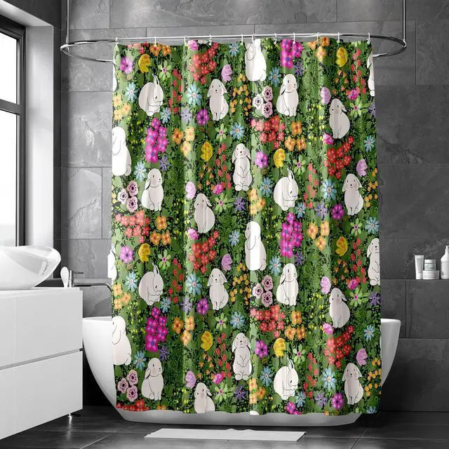 Alt view image 6 of 7 - Kids Shower Curtain for Bathroom with Fun Floral Butterflies Cute Bunnies Spring Flowers on Dark Green Fabric | Fun Floral Bunny Design for Kids | Waterproof Washable Fabric Shower Curtain or Liner