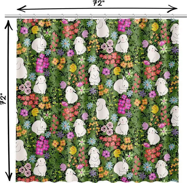 Alt view image 7 of 7 - Kids Shower Curtain for Bathroom with Fun Floral Butterflies Cute Bunnies Spring Flowers on Dark Green Fabric | Fun Floral Bunny Design for Kids | Waterproof Washable Fabric Shower Curtain or Liner