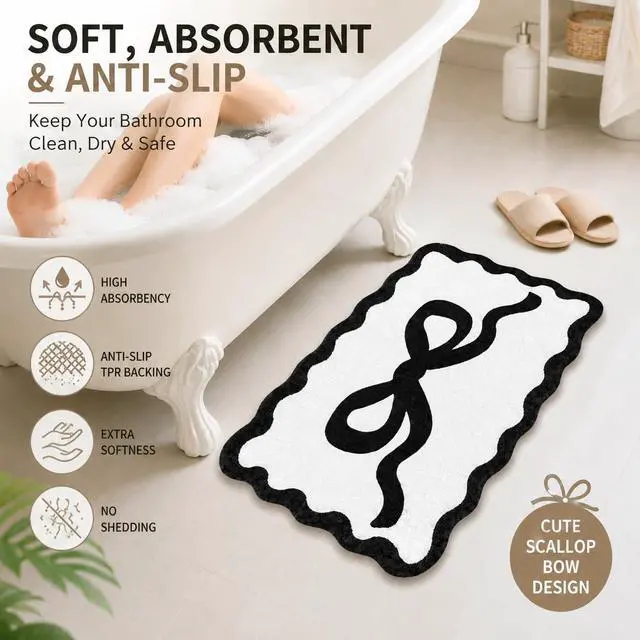 Alt view image 3 of 7 - Bathroom RugsBath Mat SetBlack and White Bath matsBow Rug Bathroom, Decor and Accessories Soft Microfiber, Ultra Absorbent, Non-Slip, for Kitchen, Shower, Bedroom, Sink Area (16x24)