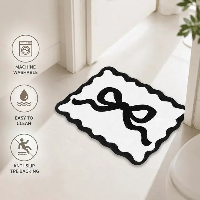 Alt view image 4 of 7 - Bathroom RugsBath Mat SetBlack and White Bath matsBow Rug Bathroom, Decor and Accessories Soft Microfiber, Ultra Absorbent, Non-Slip, for Kitchen, Shower, Bedroom, Sink Area (16x24)