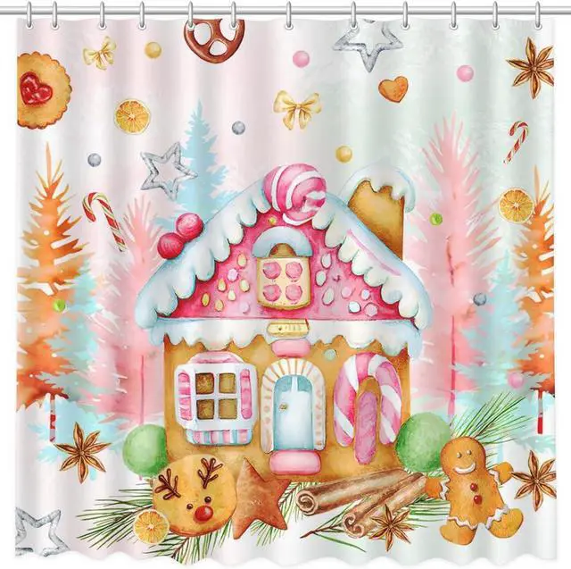 Alt view image 2 of 7 - MEHOFOND Christmas Cute Gingerbread House Shower Curtain Winter Forest Merry Xmas Tree Cartoon Candy Snowflake Holiday Bathroom Decor Happy New Year Bath Curtain with Hooks Waterproof Fabric 72x72In