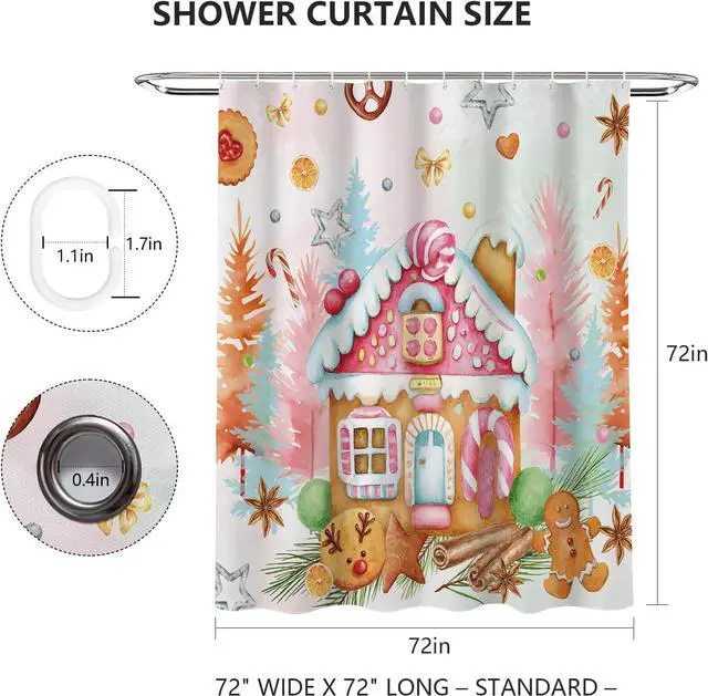 Alt view image 3 of 7 - MEHOFOND Christmas Cute Gingerbread House Shower Curtain Winter Forest Merry Xmas Tree Cartoon Candy Snowflake Holiday Bathroom Decor Happy New Year Bath Curtain with Hooks Waterproof Fabric 72x72In