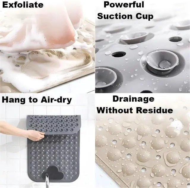 Alt view image 3 of 6 - Bathtub Anti-Slip Mat Shower Mat with Suction Cups Drain Hole Foot Massage Bathroom Floor Mat 28x16 Inch (Khaki)