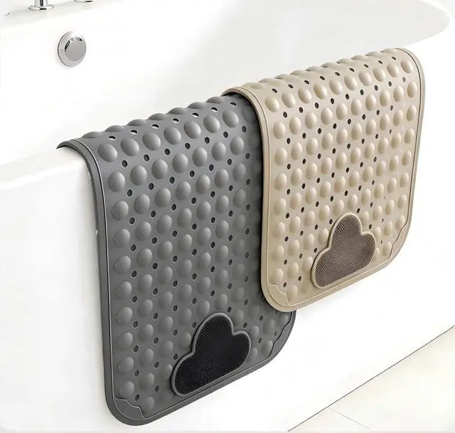 Alt view image 4 of 6 - Bathtub Anti-Slip Mat Shower Mat with Suction Cups Drain Hole Foot Massage Bathroom Floor Mat 28x16 Inch (Khaki)