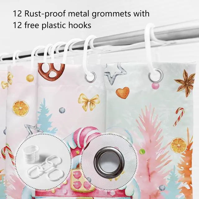 Alt view image 5 of 7 - MEHOFOND Christmas Cute Gingerbread House Shower Curtain Winter Forest Merry Xmas Tree Cartoon Candy Snowflake Holiday Bathroom Decor Happy New Year Bath Curtain with Hooks Waterproof Fabric 72x72In