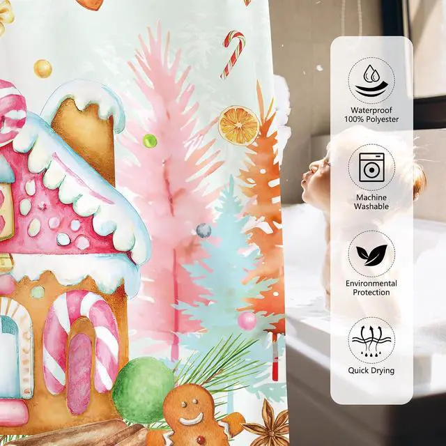 Alt view image 6 of 7 - MEHOFOND Christmas Cute Gingerbread House Shower Curtain Winter Forest Merry Xmas Tree Cartoon Candy Snowflake Holiday Bathroom Decor Happy New Year Bath Curtain with Hooks Waterproof Fabric 72x72In