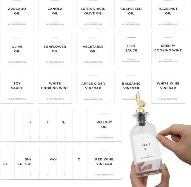 Main image of Spaceneat Olive Oil Labels for Glass Bottles - 2.5" x 2.5" Waterproof & Oil-Proof Kitchen PVC Sticker Labels for Oils, Vinegars, Sauces, Cooking Wines & Condiments - Minimalist White, 39pcs