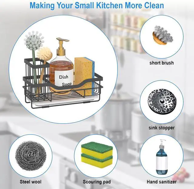 Alt view image 2 of 7 - Sponge Holder for Kitchen Caddy Sink Organizer, Multifunctional Rustproof Dish Soap Sponge Caddy for Sink Counter with Detachable Brush Holder & Drain Tray - Storage Kitchen & Home Accessories