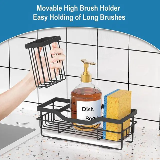 Alt view image 3 of 7 - Sponge Holder for Kitchen Caddy Sink Organizer, Multifunctional Rustproof Dish Soap Sponge Caddy for Sink Counter with Detachable Brush Holder & Drain Tray - Storage Kitchen & Home Accessories