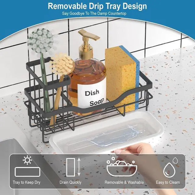 Alt view image 4 of 7 - Sponge Holder for Kitchen Caddy Sink Organizer, Multifunctional Rustproof Dish Soap Sponge Caddy for Sink Counter with Detachable Brush Holder & Drain Tray - Storage Kitchen & Home Accessories