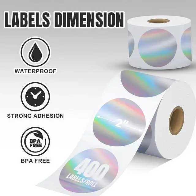 Alt view image 6 of 6 - 400Pcs/Roll - 2 Inch Holographic Silver Thermal Labels, Waterproof & Oil-Resistant Round Stickers, Circle Printer Labels for Business Logo, Pricing, Address, Thanks/Blessing Label
