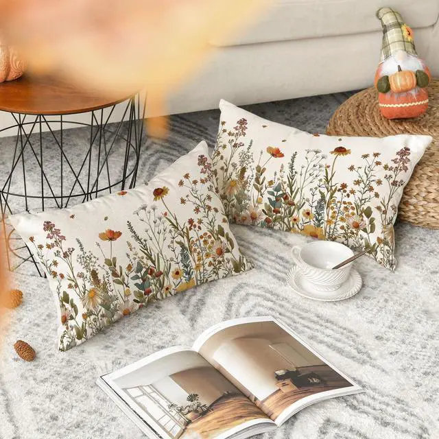 Alt view image 2 of 7 - AVOIN colorlife Fall Flowers Throw Pillow Covers 12x20 Inch Set of 2 | Seasonal Autumn Thanksgiving Harvest Decoration for Sofa Couch Farmhouse Living Room Decor