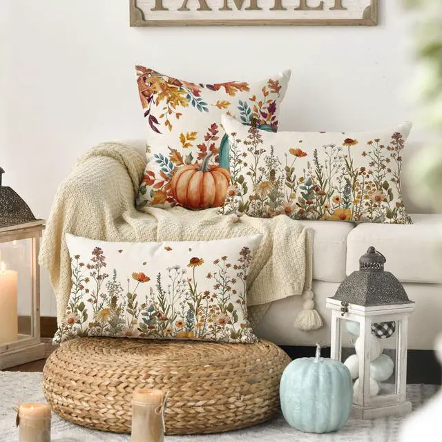 Alt view image 3 of 7 - AVOIN colorlife Fall Flowers Throw Pillow Covers 12x20 Inch Set of 2 | Seasonal Autumn Thanksgiving Harvest Decoration for Sofa Couch Farmhouse Living Room Decor