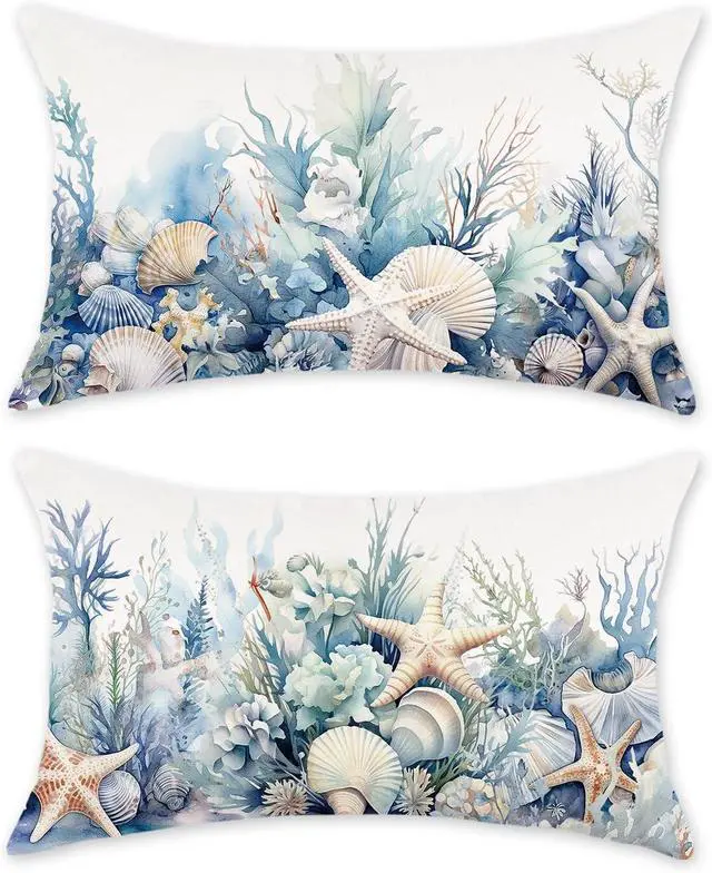 Main image of TAJWE Nautical Coastal Beach Summer Throw Pillow Covers 12x20 Set of 2 Ocean Seashell Starfish Coral Decorative Pillowcases Farmhouse Seasonal Lumbar Cushion Cases for Sofa Couch Porch Home Decor