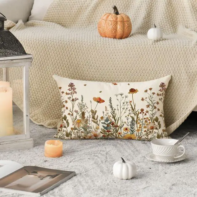 Alt view image 5 of 7 - AVOIN colorlife Fall Flowers Throw Pillow Covers 12x20 Inch Set of 2 | Seasonal Autumn Thanksgiving Harvest Decoration for Sofa Couch Farmhouse Living Room Decor