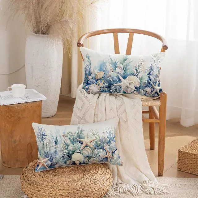 Alt view image 4 of 6 - TAJWE Nautical Coastal Beach Summer Throw Pillow Covers 12x20 Set of 2 Ocean Seashell Starfish Coral Decorative Pillowcases Farmhouse Seasonal Lumbar Cushion Cases for Sofa Couch Porch Home Decor