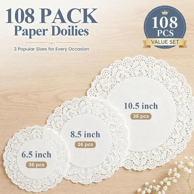 Alt view image 2 of 6 - HAKSEN 108 PCS Paper Doilies, 6.5, 8.5 and 10.5 inch Lace Doilies for Table | Round Paper Placemats for Party Table Cakes Dessert Trays Tableware Crafts Wedding and More
