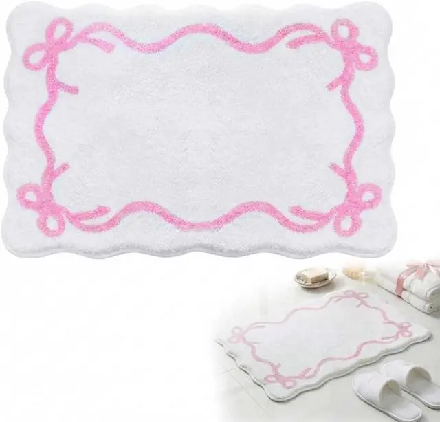 Main image of Pink Bow Bath Mat Cute Bow Non Slip Bathroom Rug 16" x 24" Super Soft Absorbent Bathroom Rugs Machine Washable for Shower Stall Vanities Kitchen Floor Entrance (White)