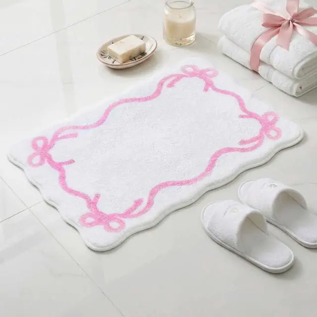 Alt view image 2 of 6 - Pink Bow Bath Mat Cute Bow Non Slip Bathroom Rug 16" x 24" Super Soft Absorbent Bathroom Rugs Machine Washable for Shower Stall Vanities Kitchen Floor Entrance (White)