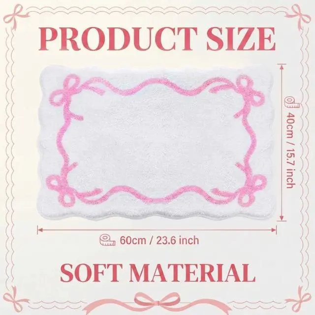 Alt view image 3 of 6 - Pink Bow Bath Mat Cute Bow Non Slip Bathroom Rug 16" x 24" Super Soft Absorbent Bathroom Rugs Machine Washable for Shower Stall Vanities Kitchen Floor Entrance (White)
