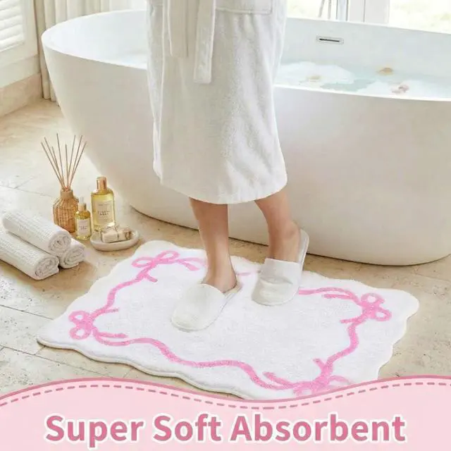 Alt view image 4 of 6 - Pink Bow Bath Mat Cute Bow Non Slip Bathroom Rug 16" x 24" Super Soft Absorbent Bathroom Rugs Machine Washable for Shower Stall Vanities Kitchen Floor Entrance (White)