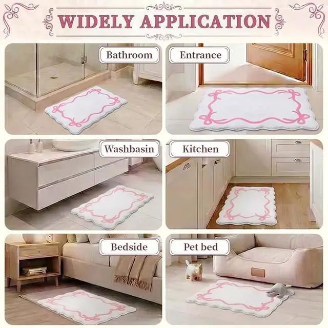 Alt view image 5 of 6 - Pink Bow Bath Mat Cute Bow Non Slip Bathroom Rug 16" x 24" Super Soft Absorbent Bathroom Rugs Machine Washable for Shower Stall Vanities Kitchen Floor Entrance (White)