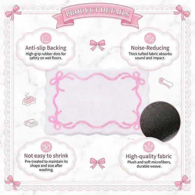 Alt view image 6 of 6 - Pink Bow Bath Mat Cute Bow Non Slip Bathroom Rug 16" x 24" Super Soft Absorbent Bathroom Rugs Machine Washable for Shower Stall Vanities Kitchen Floor Entrance (White)