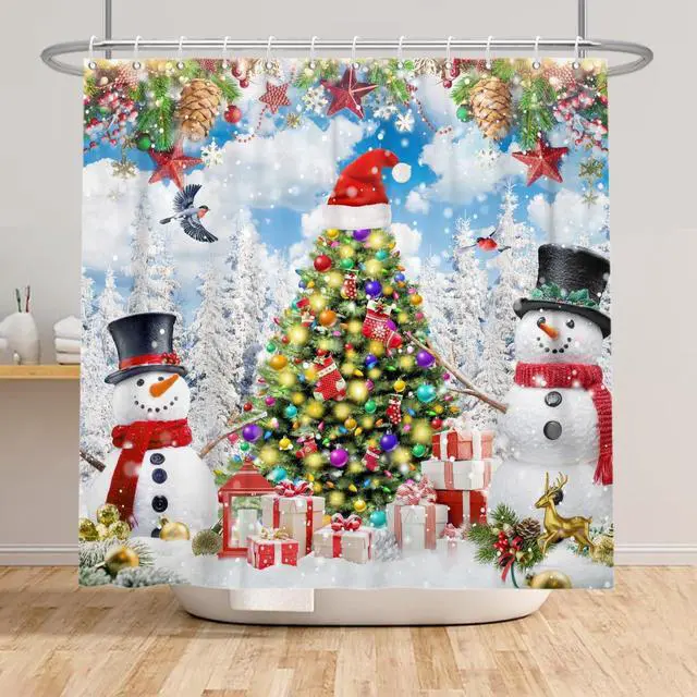 Alt view image 3 of 7 - Winter Shower Curtains for Bathroom Cute Snowmans Snow Pine Trees Funny Winter Forest Xmas Holiday Fabric Bathroom Decor Set with 12 Hooks 72x72