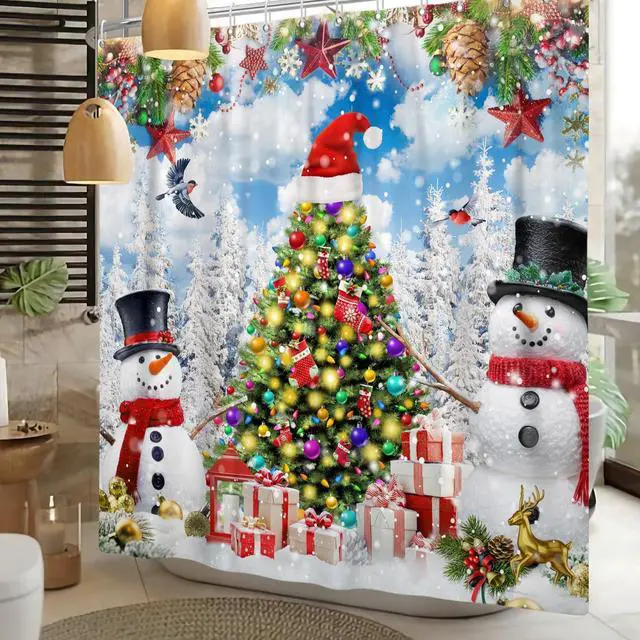 Alt view image 5 of 7 - Winter Shower Curtains for Bathroom Cute Snowmans Snow Pine Trees Funny Winter Forest Xmas Holiday Fabric Bathroom Decor Set with 12 Hooks 72x72