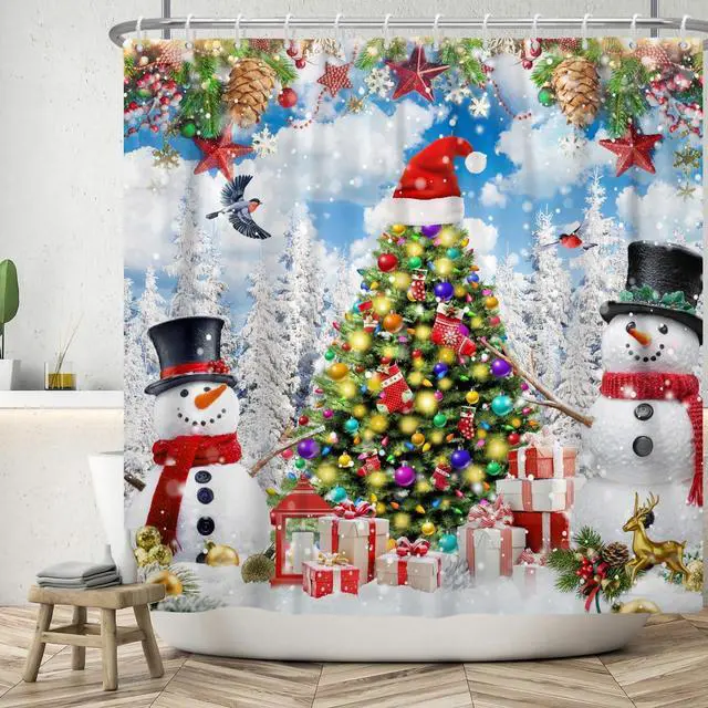 Alt view image 4 of 7 - Winter Shower Curtains for Bathroom Cute Snowmans Snow Pine Trees Funny Winter Forest Xmas Holiday Fabric Bathroom Decor Set with 12 Hooks 72x72