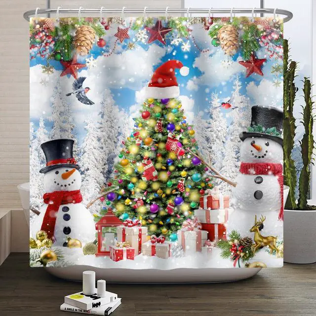 Alt view image 6 of 7 - Winter Shower Curtains for Bathroom Cute Snowmans Snow Pine Trees Funny Winter Forest Xmas Holiday Fabric Bathroom Decor Set with 12 Hooks 72x72