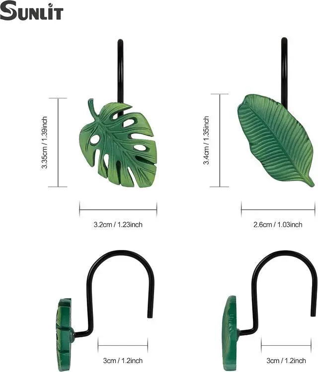 Alt view image 2 of 6 - Tropical Leaf Decorative Shower Curtain Hooks, Green Botanical Shower Curtain Rings with Black Hooks, Resin, Monstera Deliciosa Strelitzia Reginae Leaves Shower Curtain Hangers for Bathroom, Set of 12