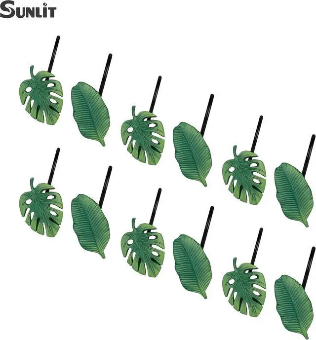 Alt view image 3 of 6 - Tropical Leaf Decorative Shower Curtain Hooks, Green Botanical Shower Curtain Rings with Black Hooks, Resin, Monstera Deliciosa Strelitzia Reginae Leaves Shower Curtain Hangers for Bathroom, Set of 12