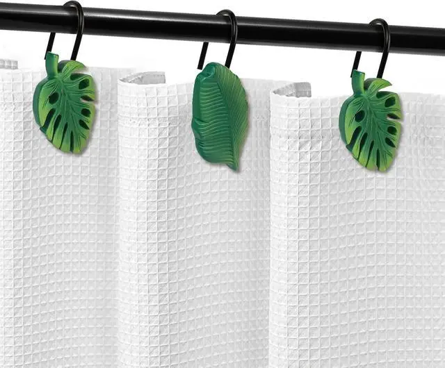 Alt view image 4 of 6 - Tropical Leaf Decorative Shower Curtain Hooks, Green Botanical Shower Curtain Rings with Black Hooks, Resin, Monstera Deliciosa Strelitzia Reginae Leaves Shower Curtain Hangers for Bathroom, Set of 12