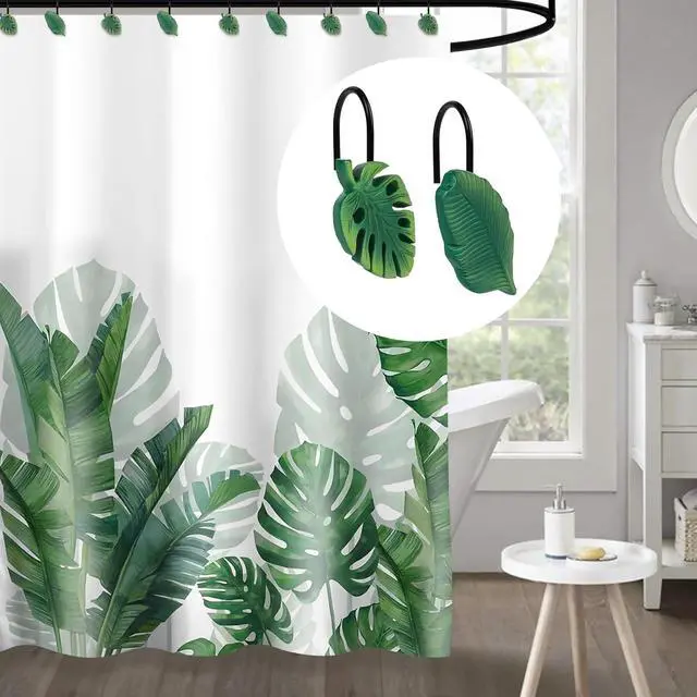 Alt view image 5 of 6 - Tropical Leaf Decorative Shower Curtain Hooks, Green Botanical Shower Curtain Rings with Black Hooks, Resin, Monstera Deliciosa Strelitzia Reginae Leaves Shower Curtain Hangers for Bathroom, Set of 12
