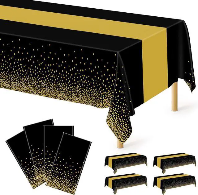 Main image of 4Pack Black and Gold Tablecloths for Events, 54" x 108" Plastic Table Cloth Disposable for Rectangle Tables, Waterproof Table Cloth Cover for New Years Eve Decorations Holiday Birthday Wedding Dining