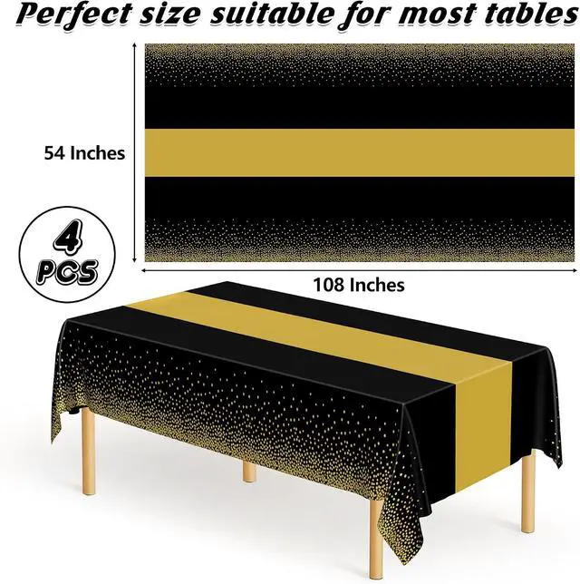 Alt view image 2 of 7 - 4Pack Black and Gold Tablecloths for Events, 54" x 108" Plastic Table Cloth Disposable for Rectangle Tables, Waterproof Table Cloth Cover for New Years Eve Decorations Holiday Birthday Wedding Dining