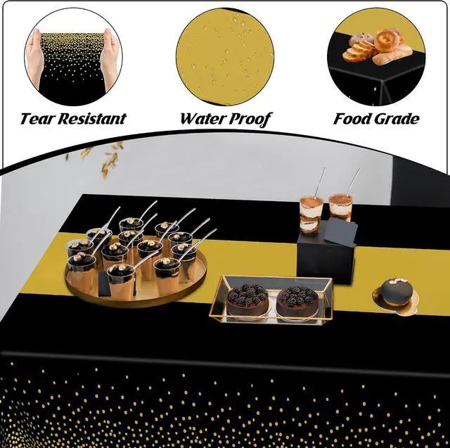 Alt view image 3 of 7 - 4Pack Black and Gold Tablecloths for Events, 54" x 108" Plastic Table Cloth Disposable for Rectangle Tables, Waterproof Table Cloth Cover for New Years Eve Decorations Holiday Birthday Wedding Dining