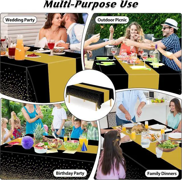Alt view image 4 of 7 - 4Pack Black and Gold Tablecloths for Events, 54" x 108" Plastic Table Cloth Disposable for Rectangle Tables, Waterproof Table Cloth Cover for New Years Eve Decorations Holiday Birthday Wedding Dining